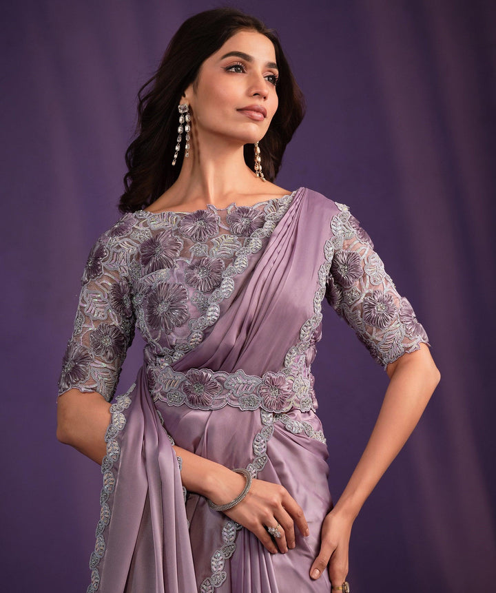All Occasion Wear Lilac Crepe Pre-Stitched Sari with Belt - Fashion Nation