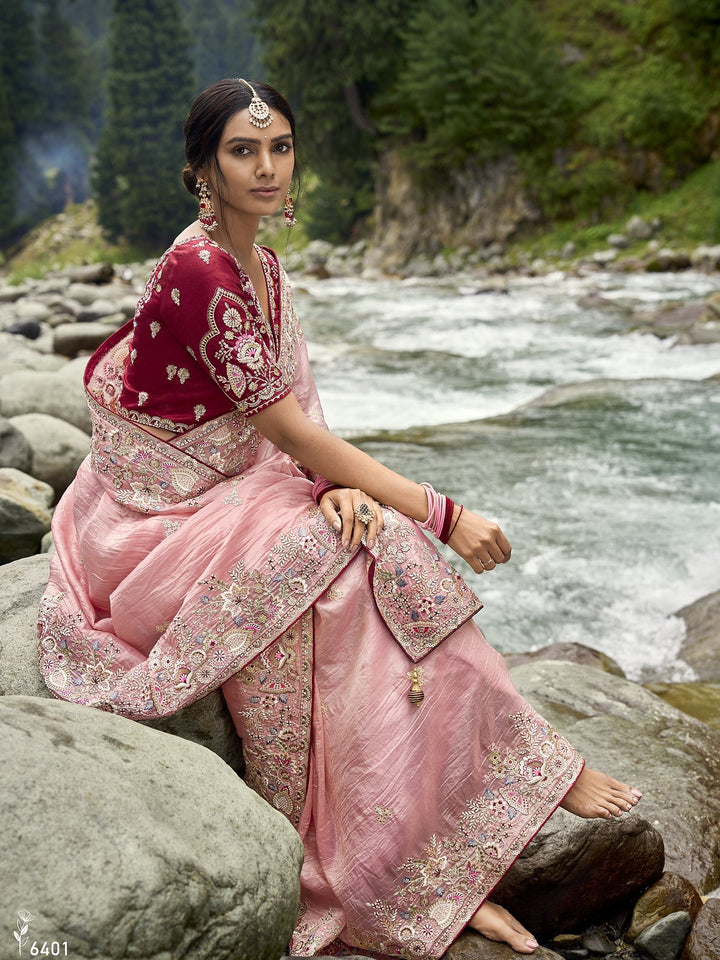 celebrations wear pink silk indian traditional sari