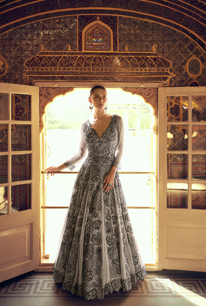 sequins work designer gown in grey and black