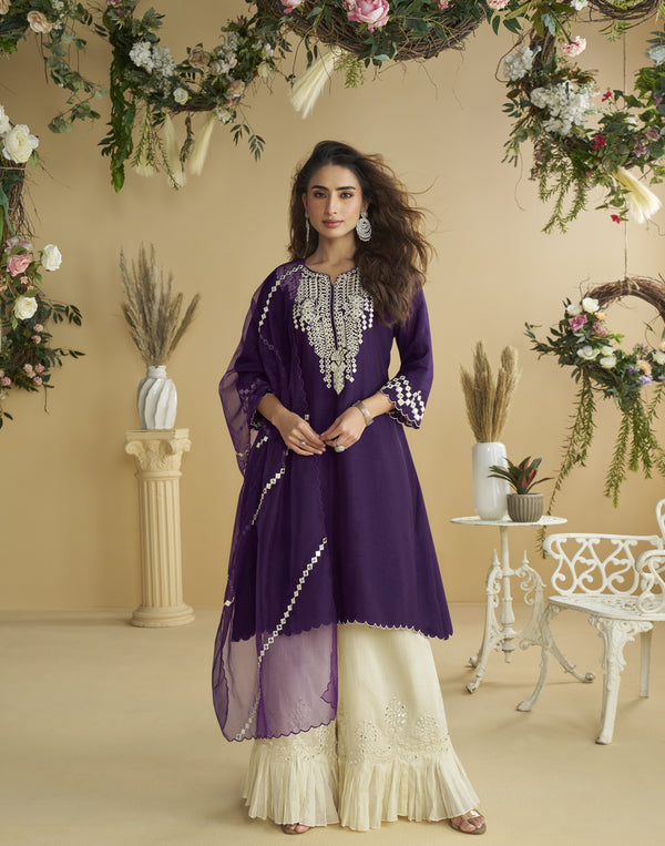 contrast designer set in purple and off-white apt for roka ceremony