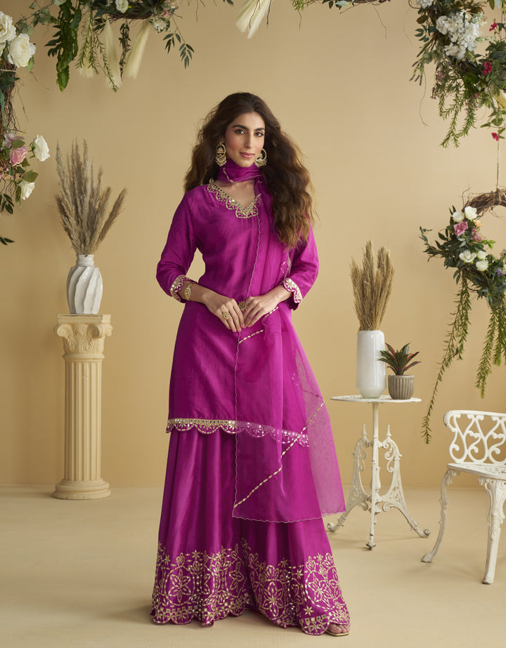 engagement partywear pink kurti palazzo fusion set