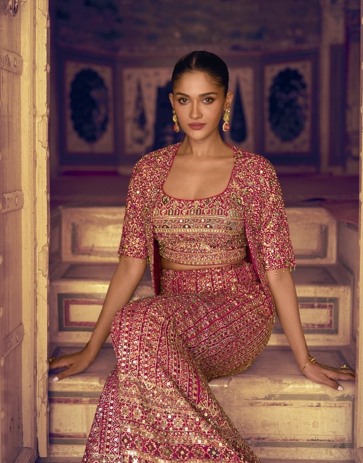 indo western pink georgette jacket palazzo crop top ethnic wear