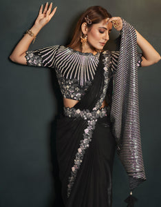 Bachelorette Partywear Black Crepe Saree with Belt