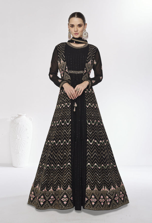 Cocktail Partywear Black Silk Georgette Designer Stitched Anarkali Gown - Fashion Nation