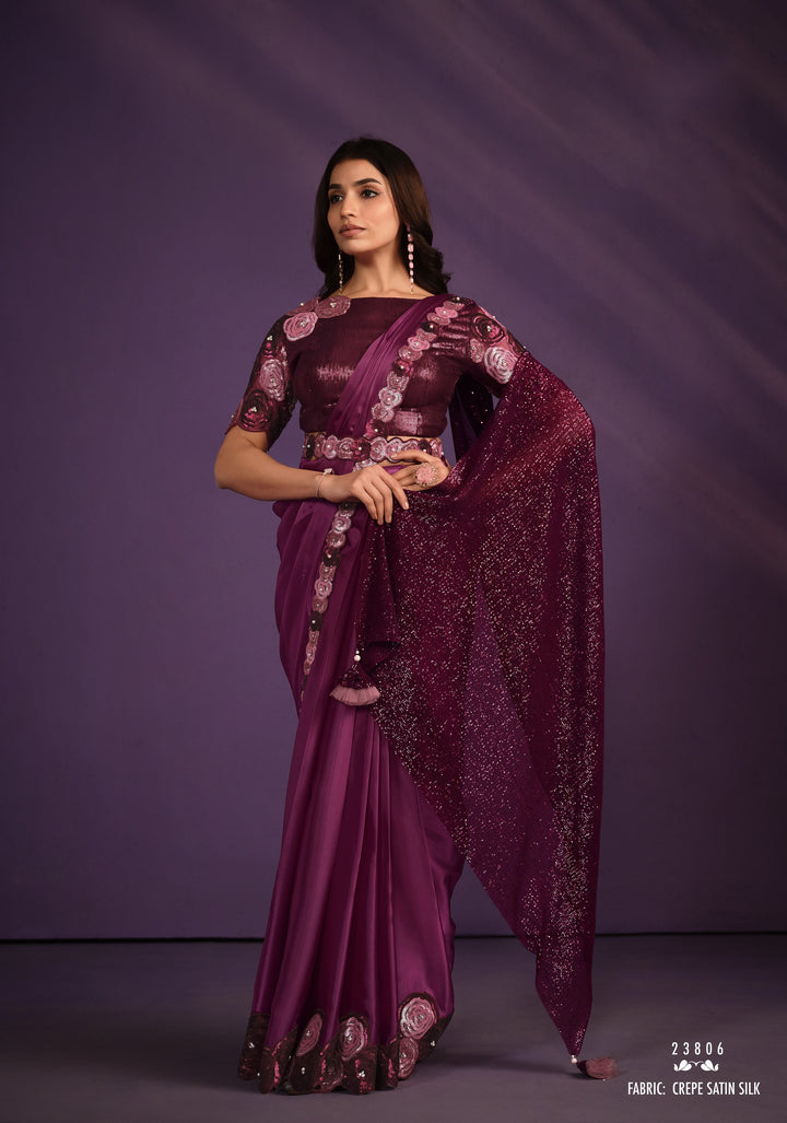 bollywood style ready to wear burgundy satin lycra saree with ornated belt