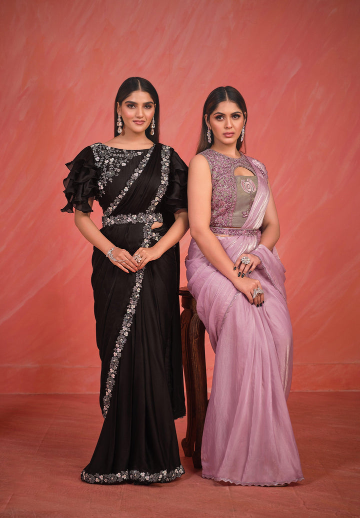 Bachelorette Wear Black Crepe Silk Fusion Sari And Belt | Ready Blouse - Fashion Nation