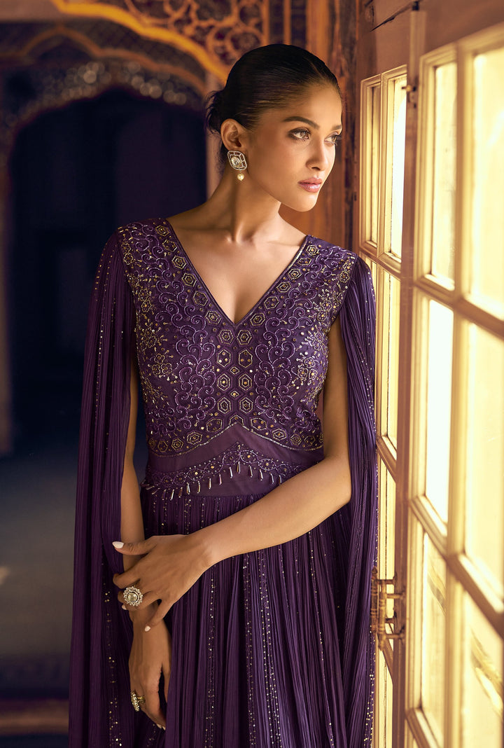 embellished purple indo western gown for marriage parties