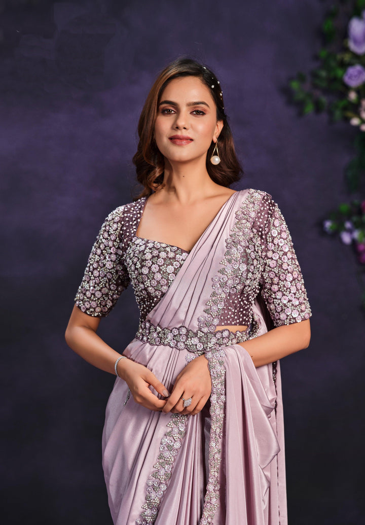 Engagement Wear Lavender Crepe Georgette Pre-Stitched Sari With Belt - Fashion Nation