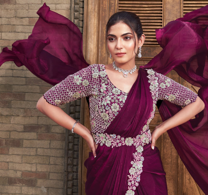 ready to wear designer sari with belt and embroidered blouse