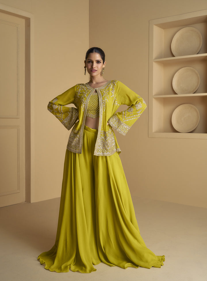 Shaadi Wear Lime Green Georgette Indo Western Jacket Crop Top Palazzo