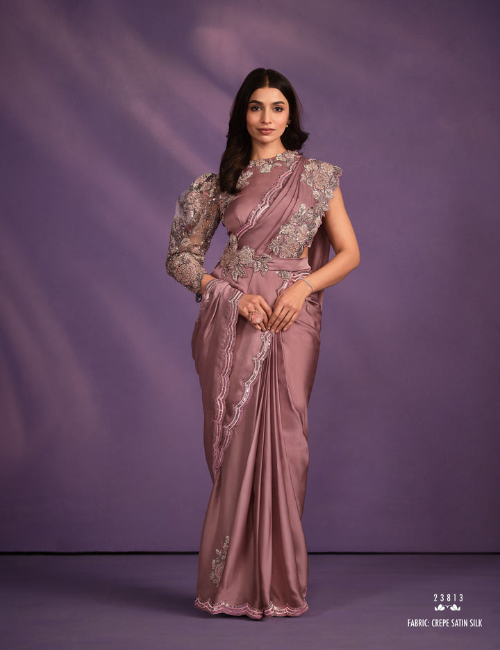 marriage functions wear mauve crepe satin saree with belt and readymade blouse