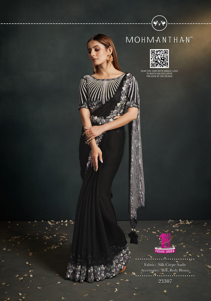 Bachelorette Partywear Black Crepe Saree with Belt - Fashion Nation