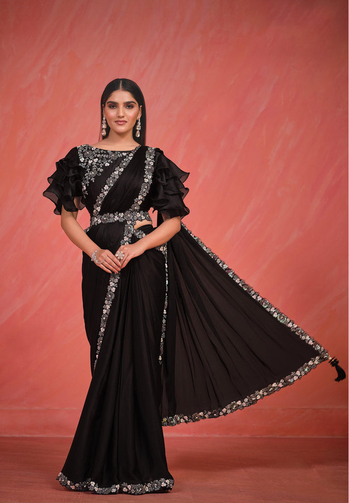 Bachelorette Wear Black Crepe Silk Fusion Sari And Belt | Ready Blouse - Fashion Nation