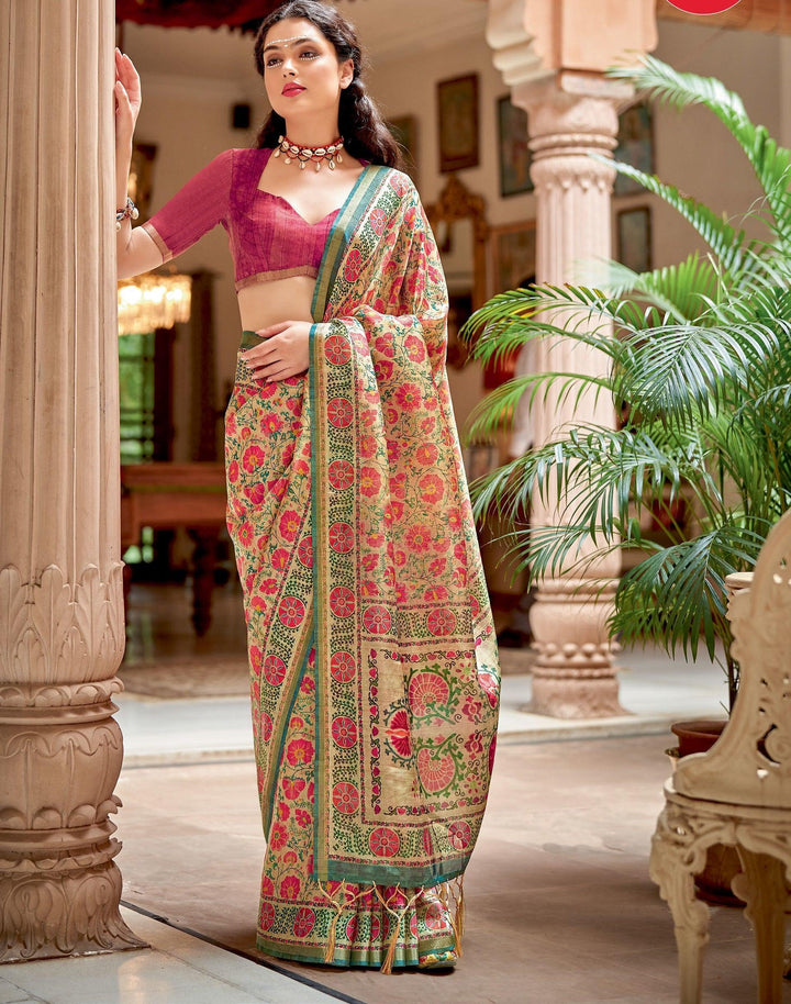 Floral Printed Banarasi Zari Silk Everyday Wear Multi-Colour Saree - Fashion Nation