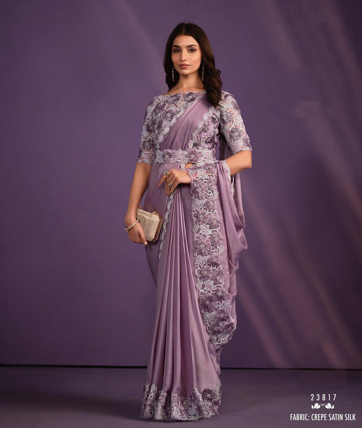 All Occasion Wear Lilac Crepe Pre-Stitched Sari with Belt - Fashion Nation