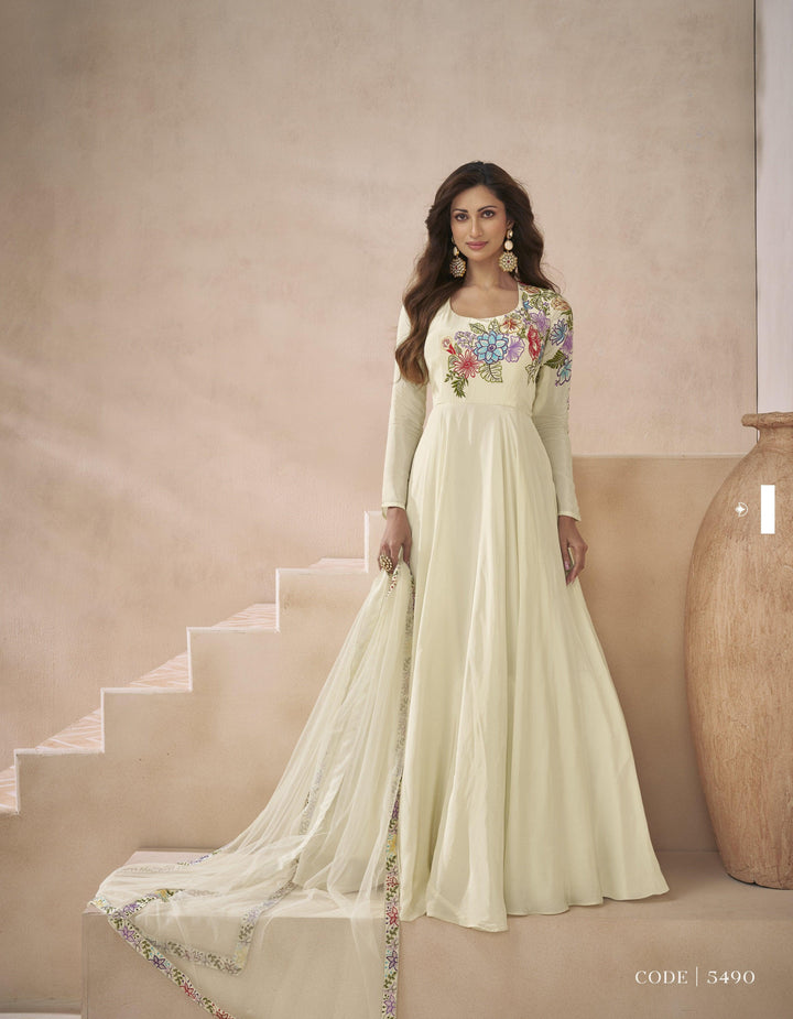 Classy White Silk Designer Occasions Wear Floor Length Anarkali Gown - Fashion Nation