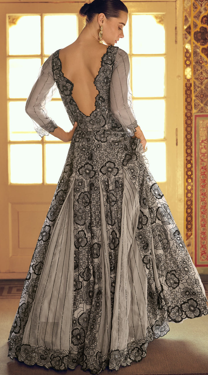 thread embroidered floor length trendy gown