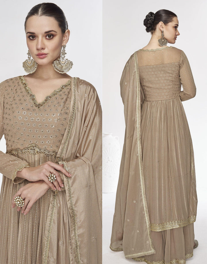 Celebration Wear Brown Silk Georgette Patterned Stylish Sharara Suit - Fashion Nation