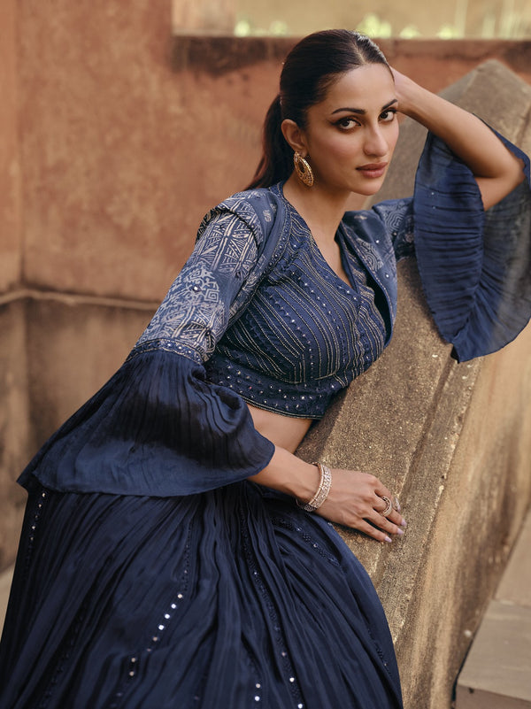 designer wear blue silk indo western dress