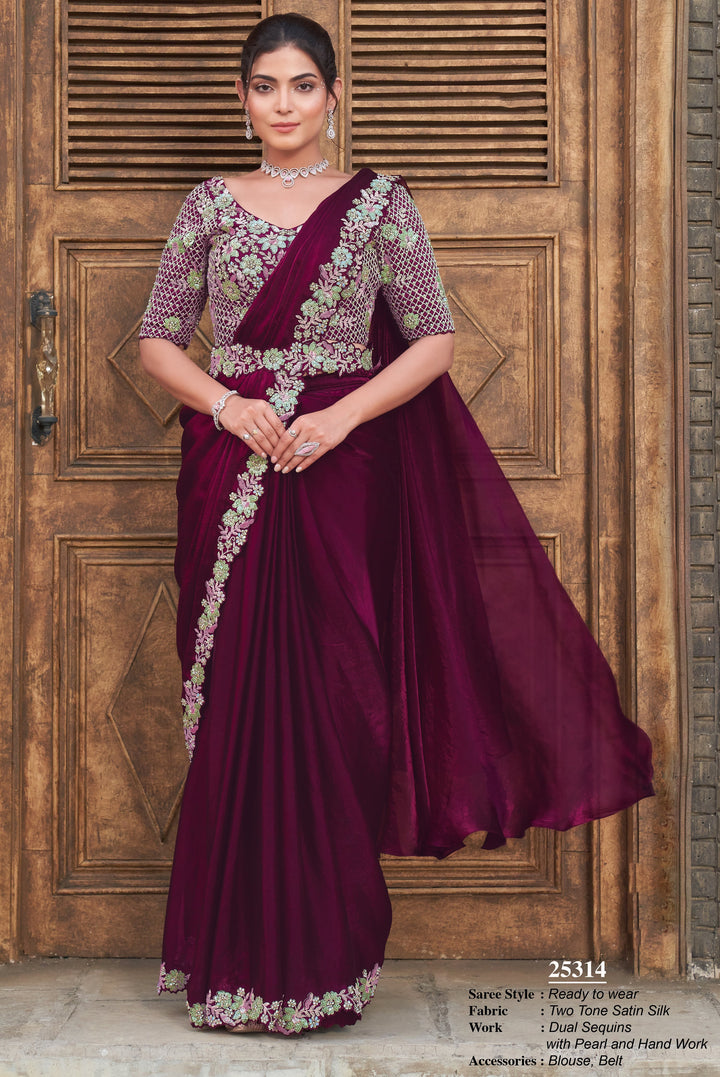 bachelorette wear purple indo western saree with belt