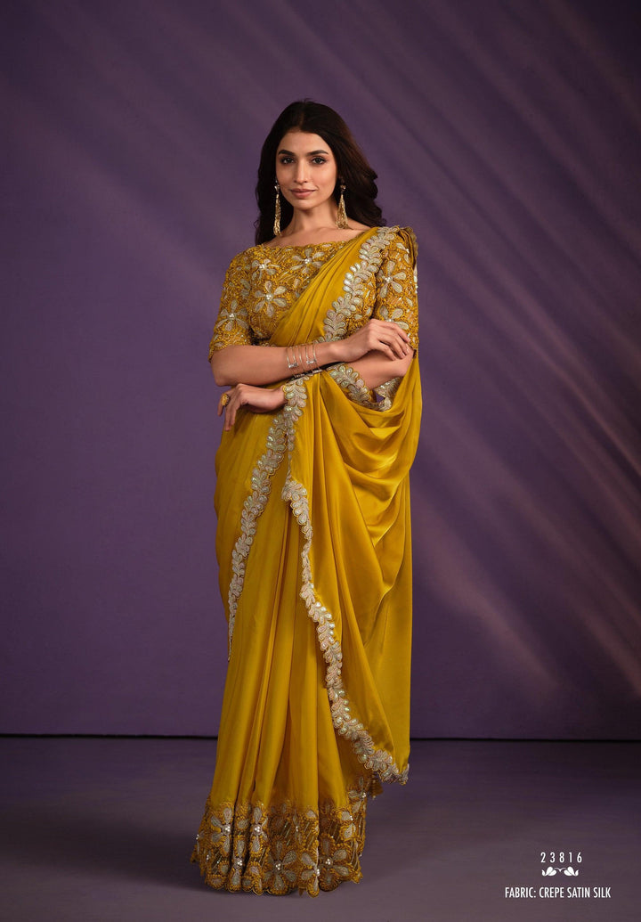 Haldi Wear Yellow Crepe Pre-Stitched Sari with Belt | Readymade Blouse - Fashion Nation