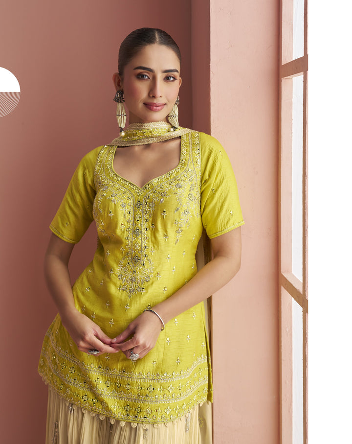 yellow traditional embroidered shaded fusion set