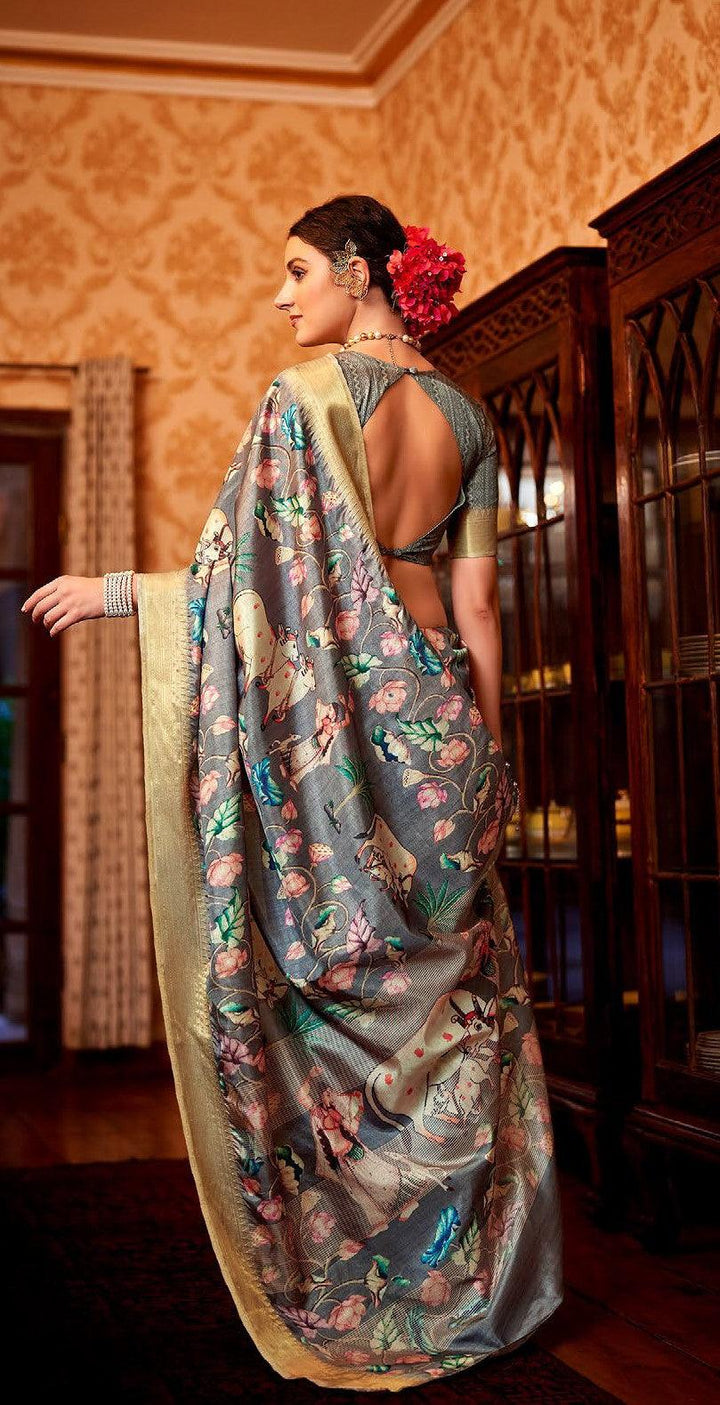 Cow And Lotus Pichhvai Motifs Printed Grey Manipuri Silk Saree - Fashion Nation