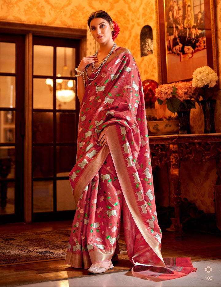 Pink Pichhavai Art Print Manipuri Silk Sari | Indian Heritage Painting - Fashion Nation