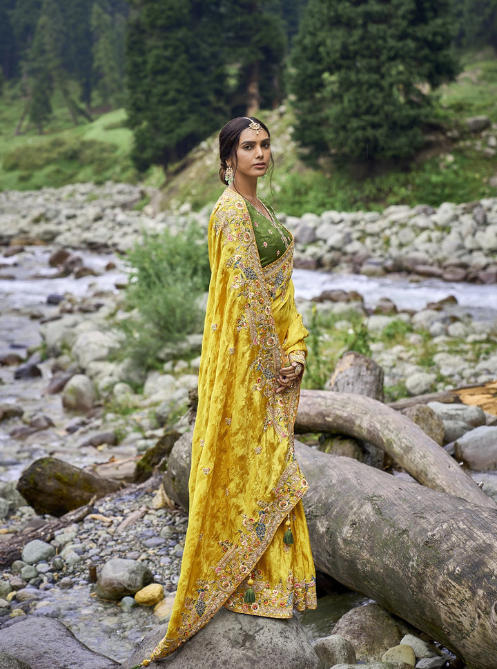 haldi party wear yellow silk designer saree