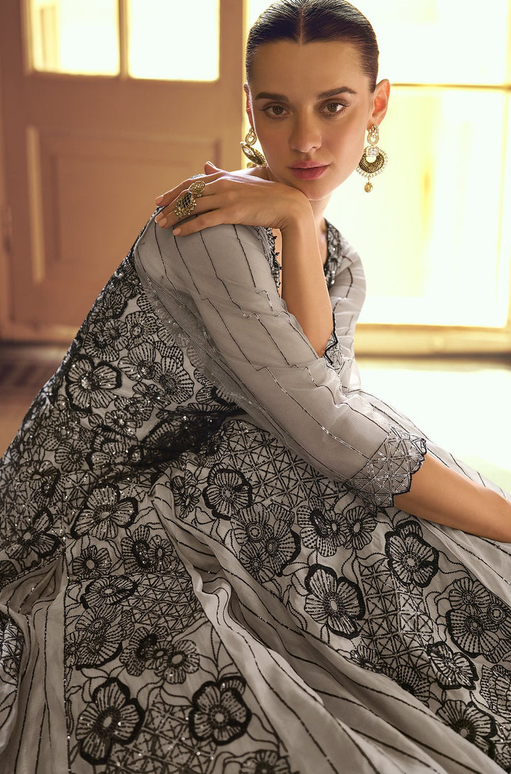 floral thread embroidered designer gown