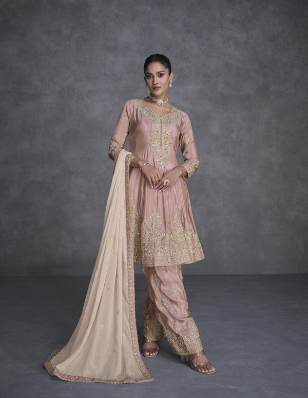 Peach Organza Silk Ethnic Pants Kurta Suit For Wedding Ceremony - Fashion Nation