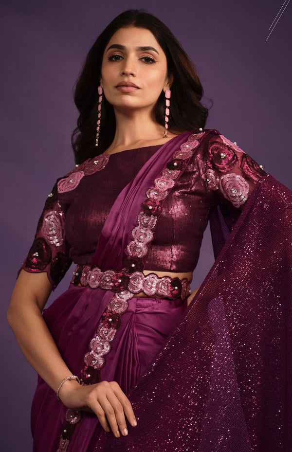 shaadi function wear ready to wear satin lycra saree with embroidered blouse and ornated belt