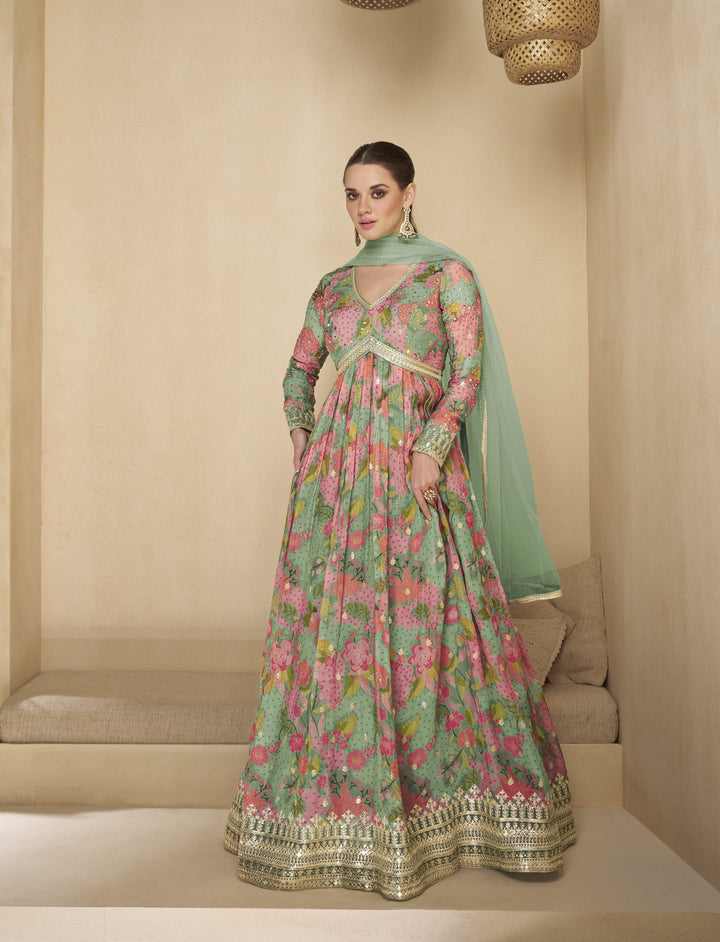 Floral Designer Georgette Readymade Anarkali Gown For Engagement Party - Fashion Nation