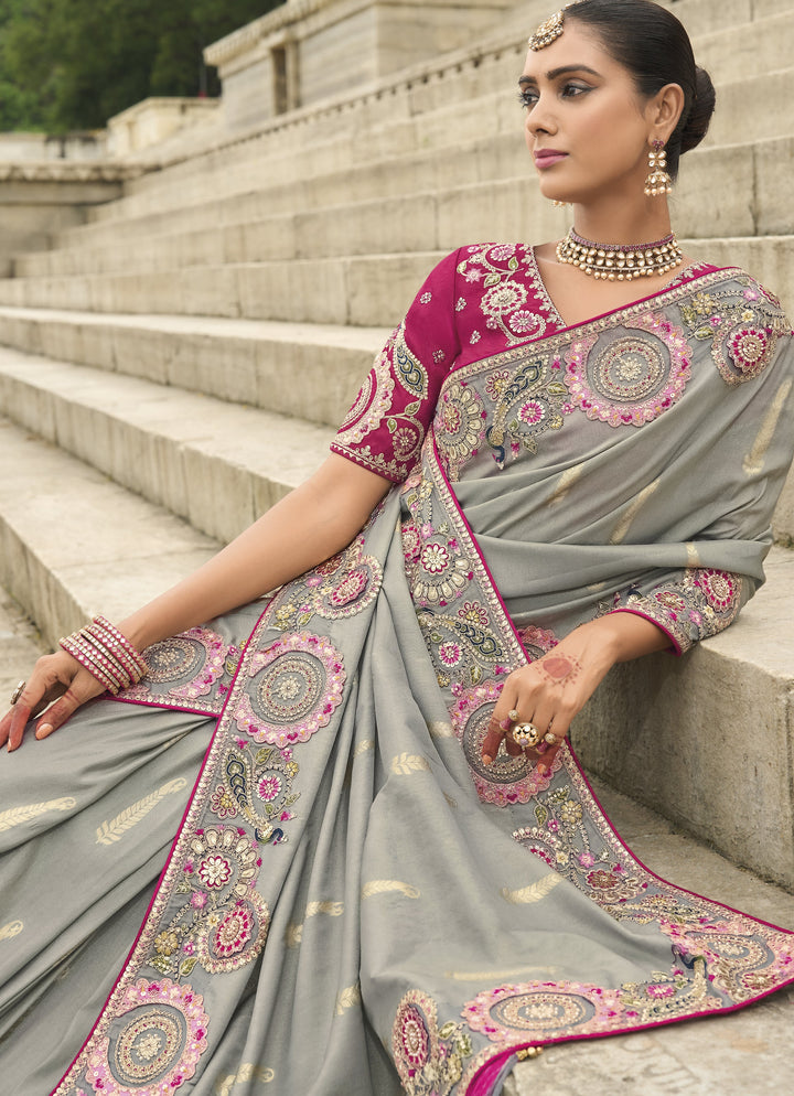 bridal partywear silk sari in grey