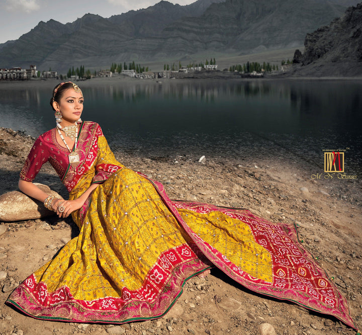 Haldi Wear Yellow Gajji Silk Bandhej Kutchi Work Traditional Sari - Fashion Nation