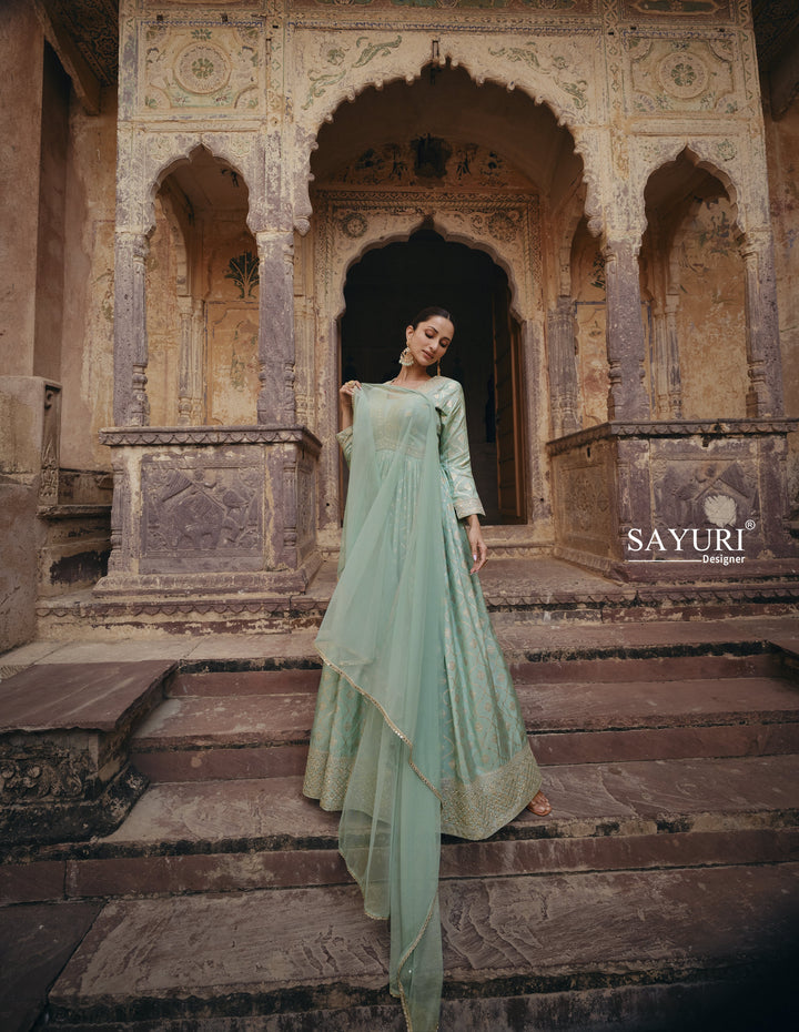 Blue Jacquard Indo Western Anarkali Gown for Engagement - Fashion Nation