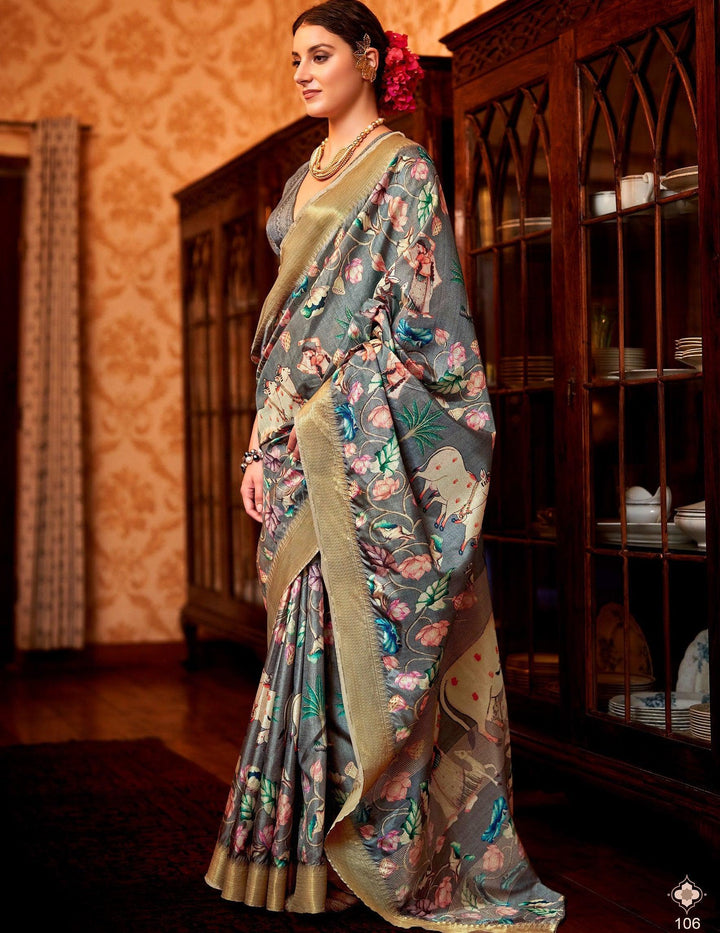 Cow And Lotus Pichhvai Motifs Printed Grey Manipuri Silk Saree - Fashion Nation