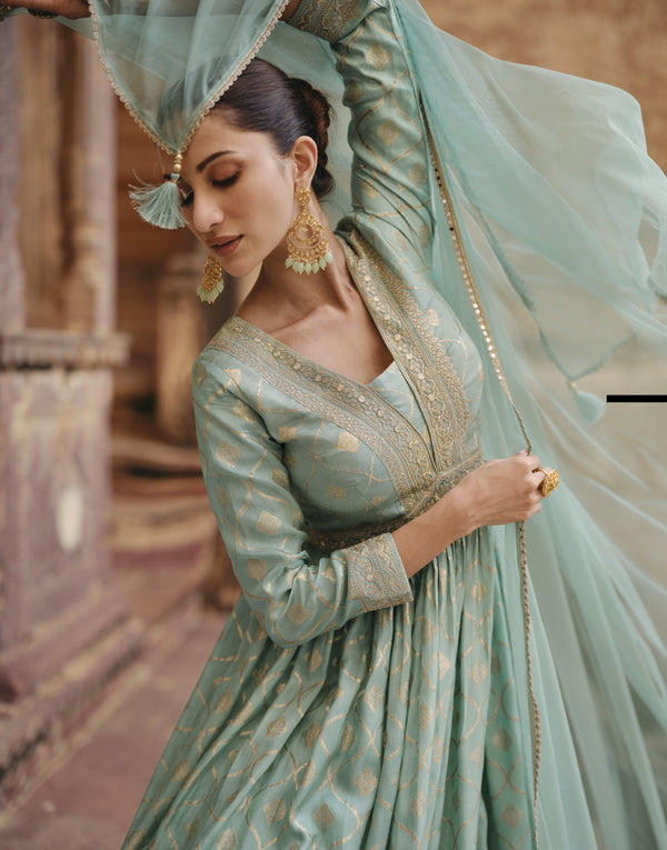 Blue Jacquard Indo Western Anarkali Gown for Engagement - Fashion Nation