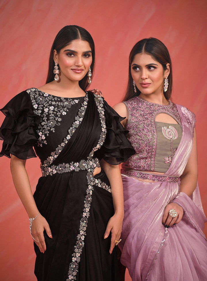 Bachelorette Wear Black Crepe Silk Fusion Sari And Belt | Ready Blouse - Fashion Nation