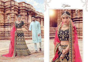 Attractive ZIK10006 Bridal Navy Blue Pink Velvet Net Lehenga Choli - Fashion Nation