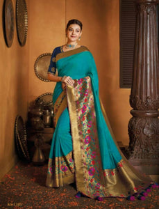 Handcrafted Kajal Aggarwal KIM1105 Bridal Turquoise Blue Silk Saree - Fashion Nation