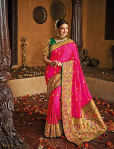 Unique Kajal Aggarwal KIM1111 Bridal Pink Green Silk Saree - Fashion Nation