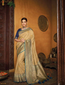 Latest Kajal Aggarwal KIM1116 Bridal Beige Blue Silk Saree - Fashion Nation