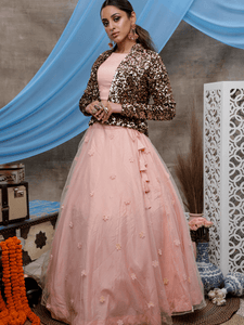 Party Wear Indo Western KF1324 Peach Net Black Velvet Lehenga Choli with Jacket by Fashion Nation