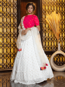 Celebrations Wear White Cotton Tiered Lehenga with Rani Top by Fashion Nation