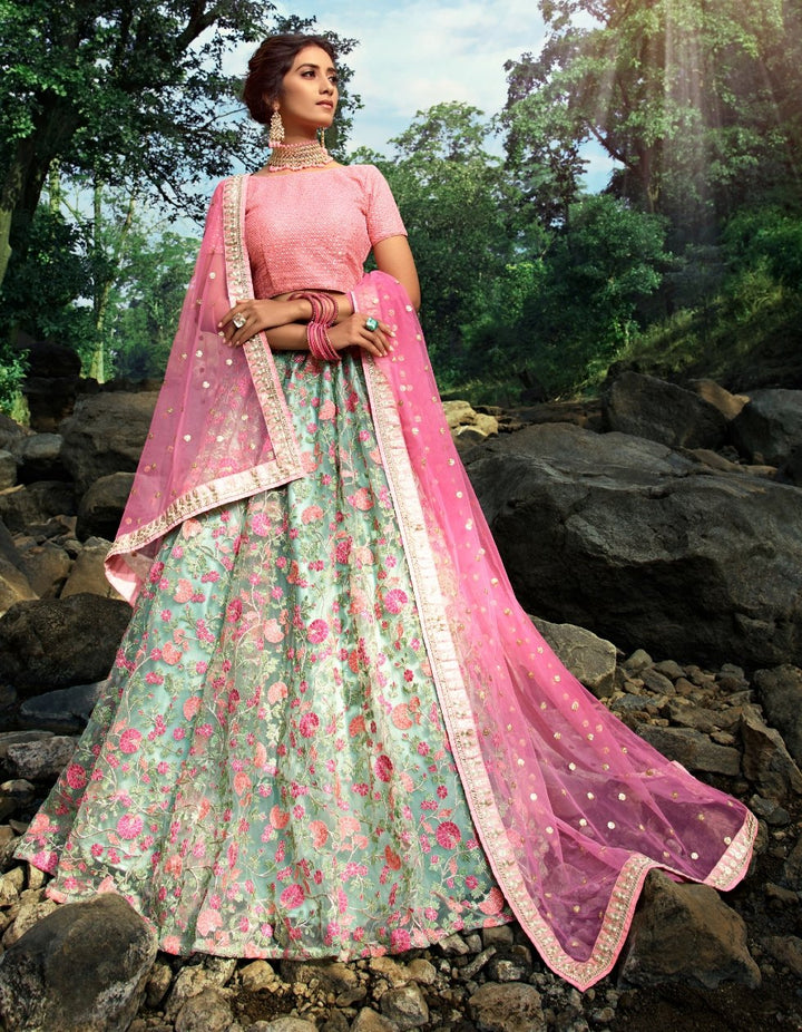 Indian Attire AD3603 Designer Green Pink Net Lehenga Choli - Fashion Nation
