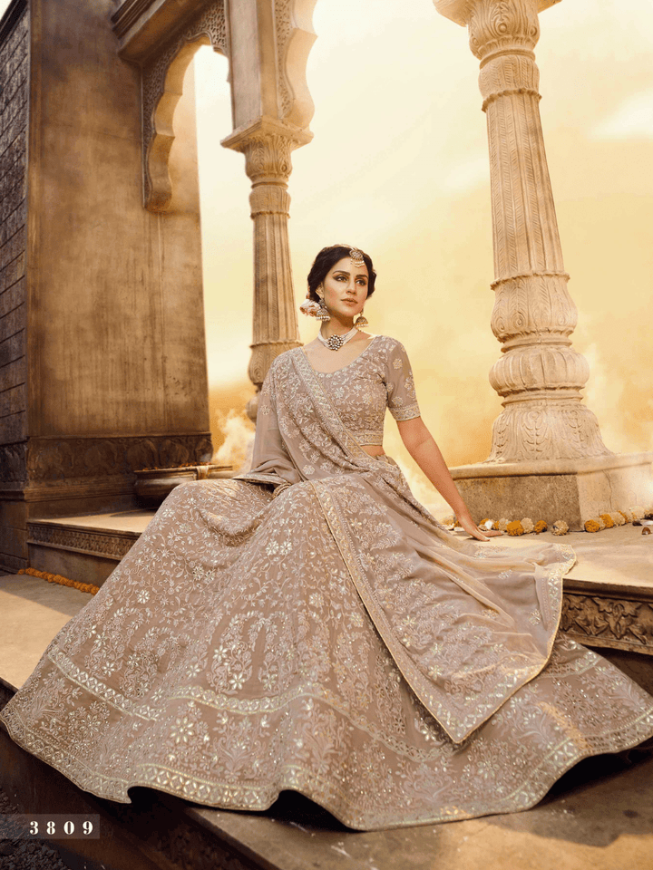 Party Wear Light Brown Georgette Embroidered Lehenga Choli - Fashion Nation