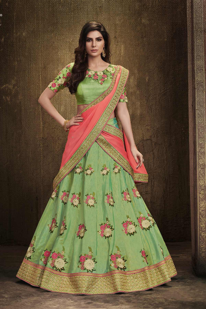 Fresh NAK4109 Bridal Pink Liril Green Handloom Silk Chiffon Lehenga Choli - Fashion Nation