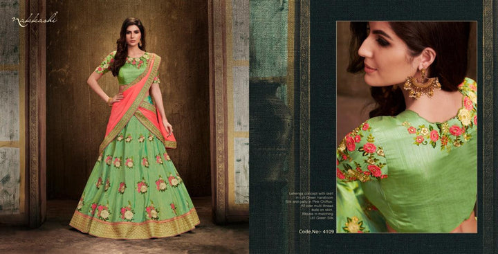 Fresh NAK4109 Bridal Pink Liril Green Handloom Silk Chiffon Lehenga Choli - Fashion Nation