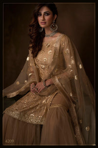 Celebrations Special Beige Net Festival Wear Sharara Suit at Cheapest Prices